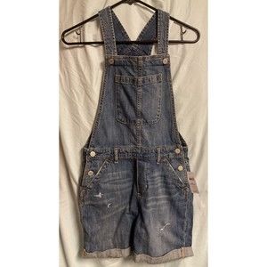 NWT GAP Girls Kids Bib Denim Jean Distressed Overall Shorts Cuffed XL Regular